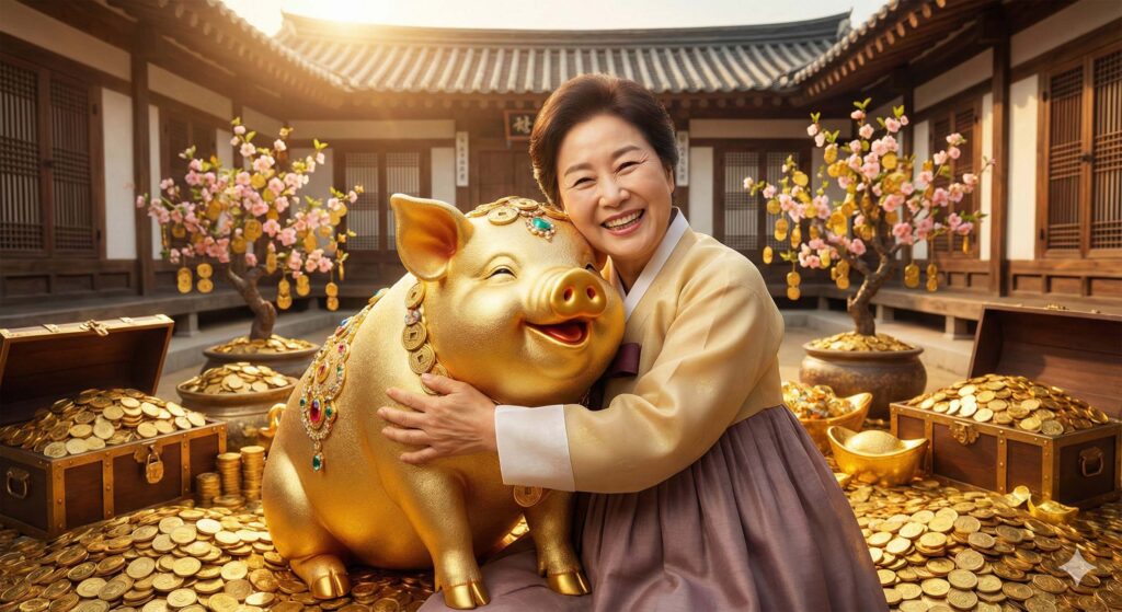 황금색 돼지를 품에 꼭 안고 행복해하는 사람의 모습, 재물운과 금전운 상징 이미지