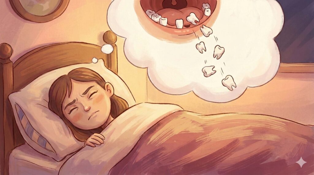 이빨 빠지는 꿈을 꾸고 놀라 깨어난 사람의 모습과 해몽 분석