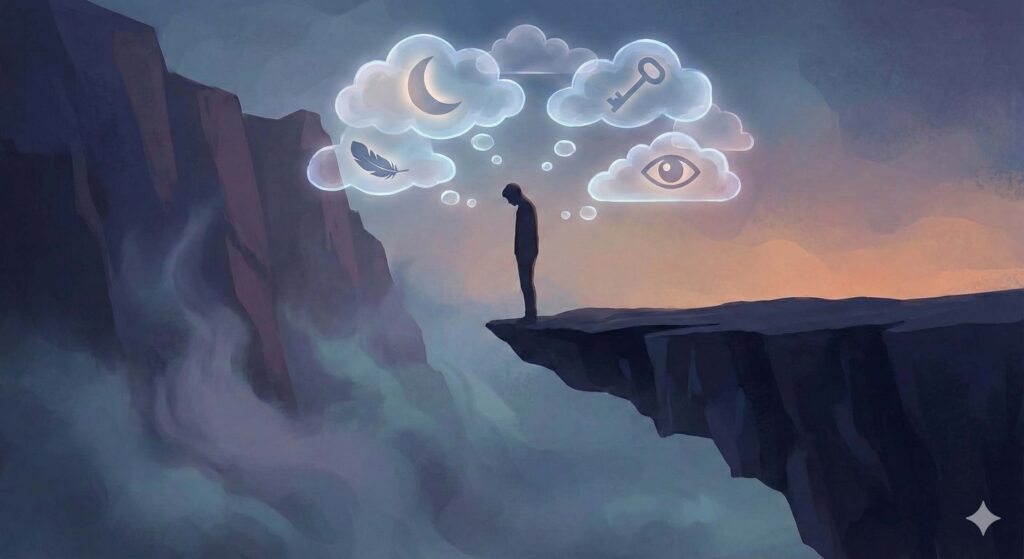 절벽 끝에 서서 아래를 내려다보며 고민하는 사람의 실루엣과 꿈 해몽